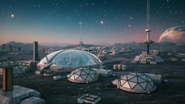 Colonization of the planet. Exploring mission to another planet. Space base on the moon. 3d animation
