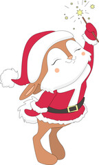 Funny and cute rabbit mascot, wearing santa claus costume, cartoon animal with sparkles, kawaii styles, flats, vector, for kids and adults, for stickers. merry christmas. 2023 symbol