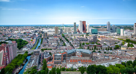 Fototapeta premium City aerial view of The Hague city center with North Sea on the horizon