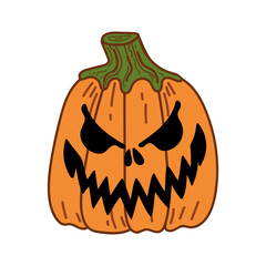 Scary pumpkin jack halloween flat. Spooky face. Autumn holiday. Hand drawn vector illustration.