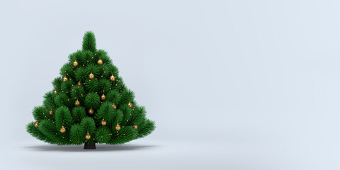 Christmas background. Green spruce tree with gold toys. Fir plant for decoration. 3d illustration.