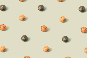 Pattern layout of decorative squash on a light green background. Autumn pumpkins template