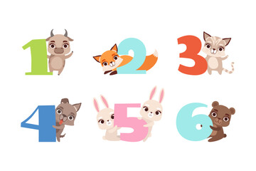Obraz na płótnie Canvas Numbers and cute animals set. Birthday anniversary numbers with kitten , fox, dog, bunny, bear cartoon vector illustration
