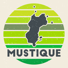 Mustique logo. Sign with the map of island and colored stripes, vector illustration. Can be used as insignia, logotype, label, sticker or badge of the Mustique.