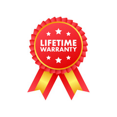 Flat banner with red lifetime warranty. Flat vector illustration character