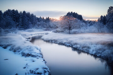 Winterlandschaft bei Sonnenuntergang mit Schnee bedeckt © eyetronic
