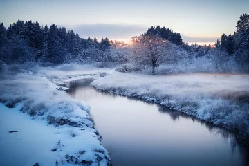 Winterlandschaft bei Sonnenuntergang mit Schnee bedeckt © eyetronic