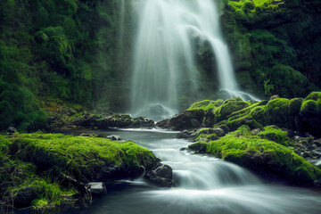 Waterfall with forest stream and green moss	
