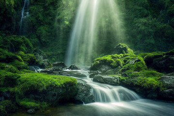 Natural waterfall with rocks and green moss - obrazy, fototapety, plakaty