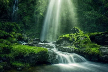 Fototapete Natural waterfall with rocks and green moss © eyetronic