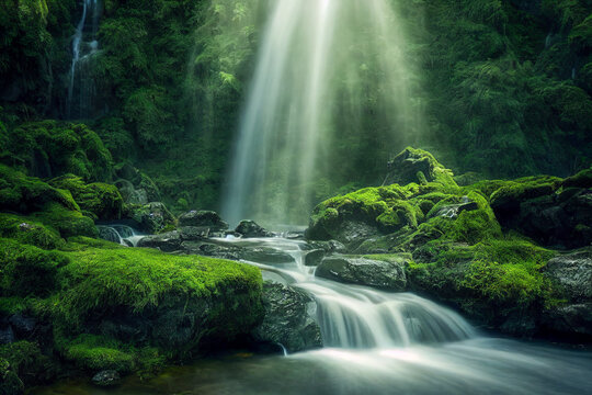 Natural waterfall with rocks and green moss