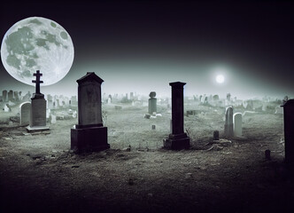 Spooky image of an abandoned graveyard lit by the moon, haunted graves, Halloween night inhabited by the dead