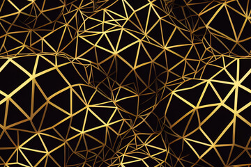 3 D render. Abstract geometric background, golden lines and honeycombs on a black background