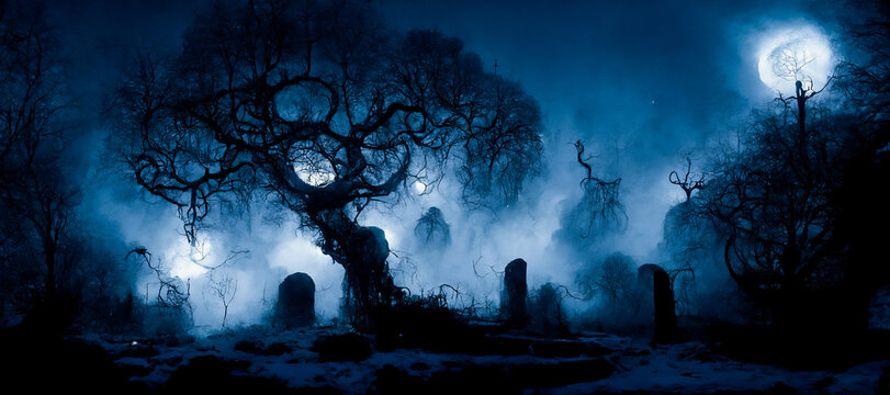 Eerie and abandoned old graveyard, lit by the full moon, with ancient tombs, Halloween night with creepy shadows and mysteries