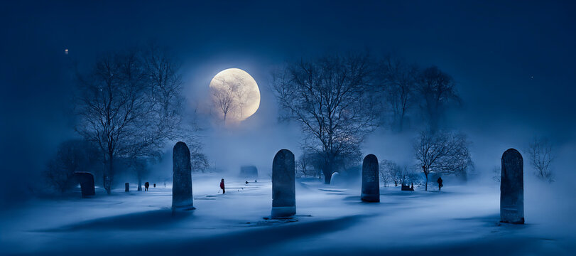 Old, eerie and abandoned cemetery under the snow, lit by the full moon, with ancient graves, Halloween night with terrifying shadows
