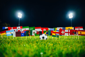 Football ball and 32 national flags on green grass