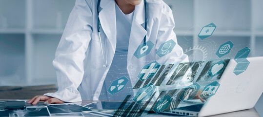 Medicine doctor using digital healthcare and network connection on hologram modern virtual screen...