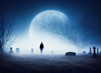 Silhouette of a man or ghost in a creepy old abandoned graveyard with ancient graves, full moon and Halloween symbols