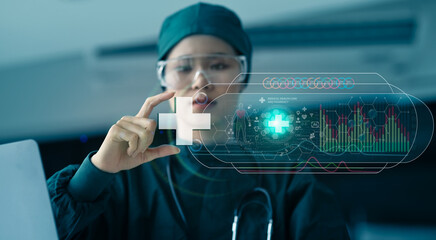 Fototapeta na wymiar Medical technology and futuristic concept. Doctor hologram modern virtual screen interface. 