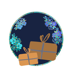 Holiday, Christmas, celebration balls, topper, cards, icons. Dark blue background. Flowers, gift box design elements.