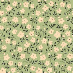 Seamless floral pattern, romantic ditsy print with thin flowers branches. Pretty botanical design with abstract arrangement of small decorative flowers, leaves, branches on a green background. Vector.