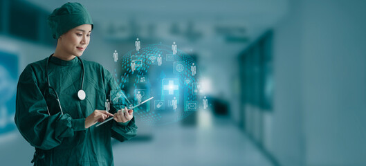 Medicine doctor using digital healthcare and network connection on hologram modern virtual screen...