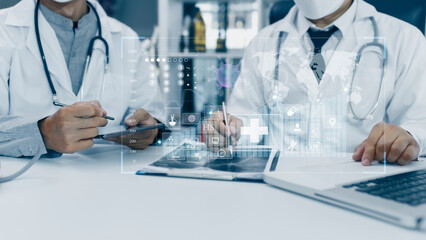 Fototapeta premium Medicine doctor using digital healthcare and network connection on hologram modern virtual screen interface icons, Medical technology futuristic concept.