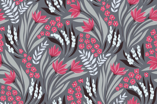 Seamless floral pattern, vintage ditsy print with wild flowers, leaves, herbs on a gray background. Elegant botanical design with decorative hand drawn meadow, various plants. Vector illustration.