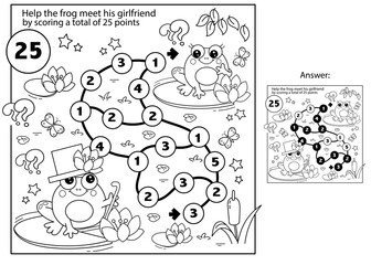 Math addition game. Puzzle for kids. Maze. Coloring Page Outline Of cartoon little frogs. Coloring Book for children.
