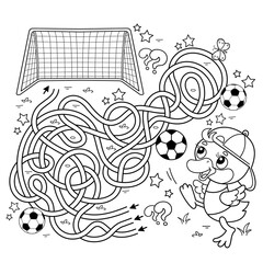 Maze or Labyrinth Game. Puzzle. Tangled road. Coloring Page Outline Of cartoon duck or duckling with soccer ball. Football. Sport. Coloring book for kids.