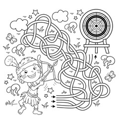 Maze or Labyrinth Game. Puzzle. Tangled road. Coloring Page Outline Of cartoon cheerful boy indian with bow for shooting and arrow and with target. Coloring Book for kids.