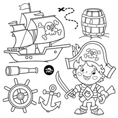 Cartoon set for party for kids. Pirate ship with skull in sea. Little pirate with map of treasure. Coloring book for kids.