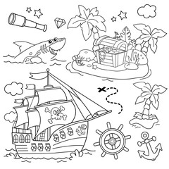 Cartoon set for pirate party for kids. Pirate ship with skull in sea. Treasure chest. Closed coffer with lock. Island of treasure and shark. Coloring book for kids.