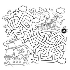 Maze or Labyrinth Game. Puzzle. Tangled road. Coloring Page Outline Of cartoon pirate ship with treasure island. Coloring book for kids.