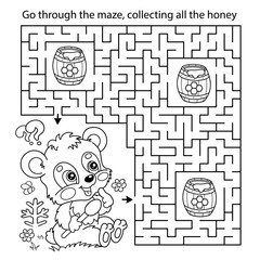 Maze or Labyrinth Game. Puzzle. Coloring Page Outline Of cartoon little bear cub with barrel of honey. Coloring book for kids. © oleon17