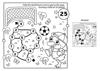 Math addition game. Puzzle for kids. Maze. Coloring Page Outline Of cartoon duck or duckling with soccer ball. Football. Sport. Coloring Book for children.