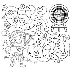 Maze or Labyrinth Game. Puzzle. Tangled road. Coloring Page Outline Of cartoon cheerful boy indian with bow for shooting and arrow and with target. Coloring Book for kids.