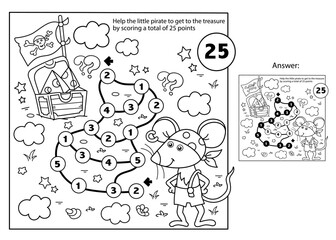 Math addition game. Puzzle for kids. Maze. Coloring Page Outline Of Cartoon little pirate mouse with chest of treasure. Cheese trove. Coloring Book for children.