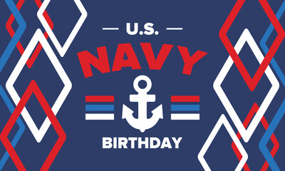 Obraz premium U.S. NAVY birthday. Holiday in United States. American Navy - naval warfare branch of the Armed Forces. Celebrated annual in October 13. Anchor symbol. Patriotic elements. Poster, card, banner. Vector
