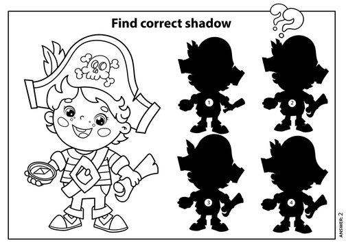 Puzzle Game for kids. Find correct shadow. Coloring Page Outline Of Cartoon pirate with compass and with map of treasure. Coloring book for children.
