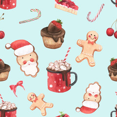 Hand painted watercolor seamless pattern with Christmas sweets isolated on white background. Lollipops, gingerbread cookie, cocoa mug, cake. Perfect for wallpaper, print, packaging design.