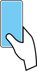 Isolated icon of a hand holding a modern bezel free smart phone. Concept of touchscreen gestures.  