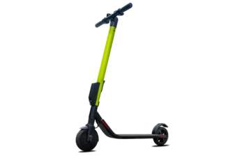 Lime urban electric scooter, kick city bike. Street motorcycle on business transportation background. Rider ecological transport concept.