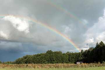 Rainbow over green forest and meadow. A beautiful curve of the natural phenomenon of a seven-color rainbow against a gray sky with white clouds