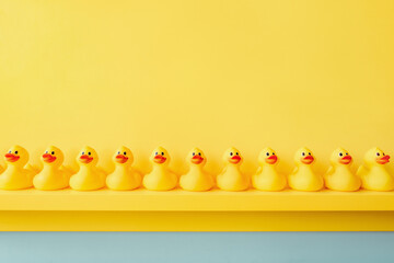 Yellow rubber duck in a line toy design yellow concept team work together. Rubber ducky bath toy...