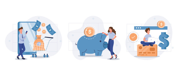 Financial illustration set. Characters paying online and receiving bonus money or reward back on credit card. Cashback, financial savings and money exchange concept. Vector illustration. - obrazy, fototapety, plakaty