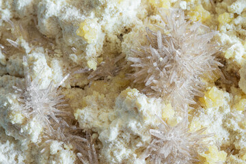 Spiky celestine crystals on native sulphur from Machów mine, Poland, Europe