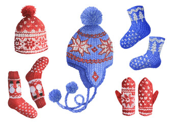 Winter clothes, knitted socks, hat, mittens. Watercolor illustration hand drawn on a white background. Image for stickers, postcards, New Year's design.