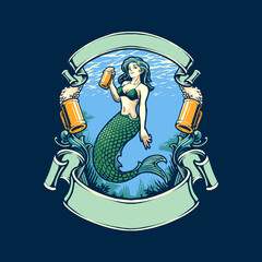 the mermaid and beer illustration vector
