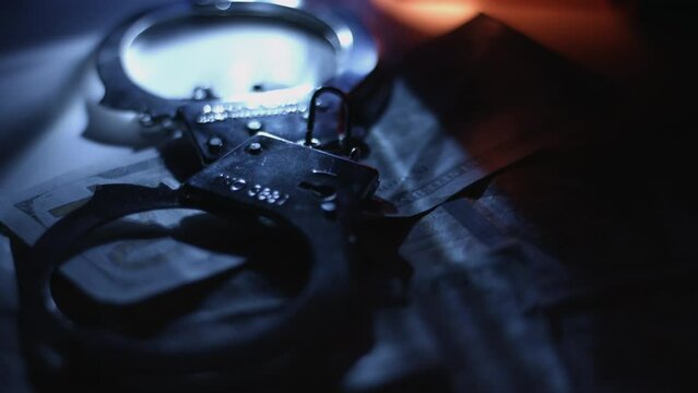 Police Lights Flashing On Money and Handcuffs